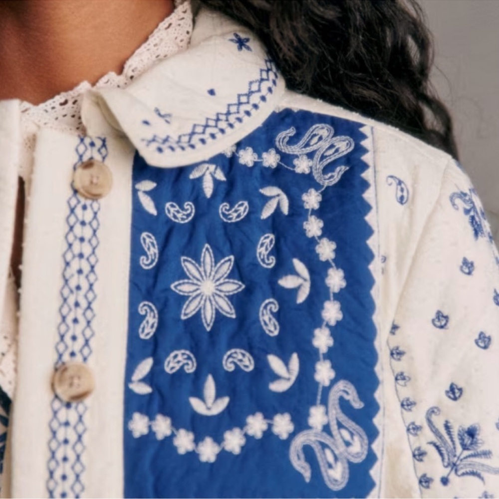 Sezane SMITH JACKET in BLUE ECRU BANDANA Embroidered Women's Jacket - Picture 6 of 13